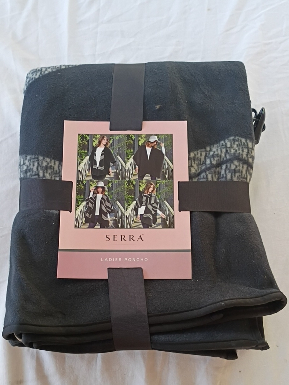 NWT Serra Ladies Poncho - Dark Gray with Light Gray Patterned Trim Winter Fall
